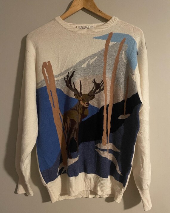 Vintage Deer Print Nature Sweater 100% Cashmere C… - image 1