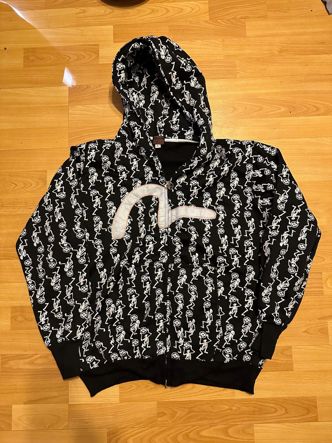 Evisu Hoodie Dancing Skeleton All Over Print Double Zipper Seagull