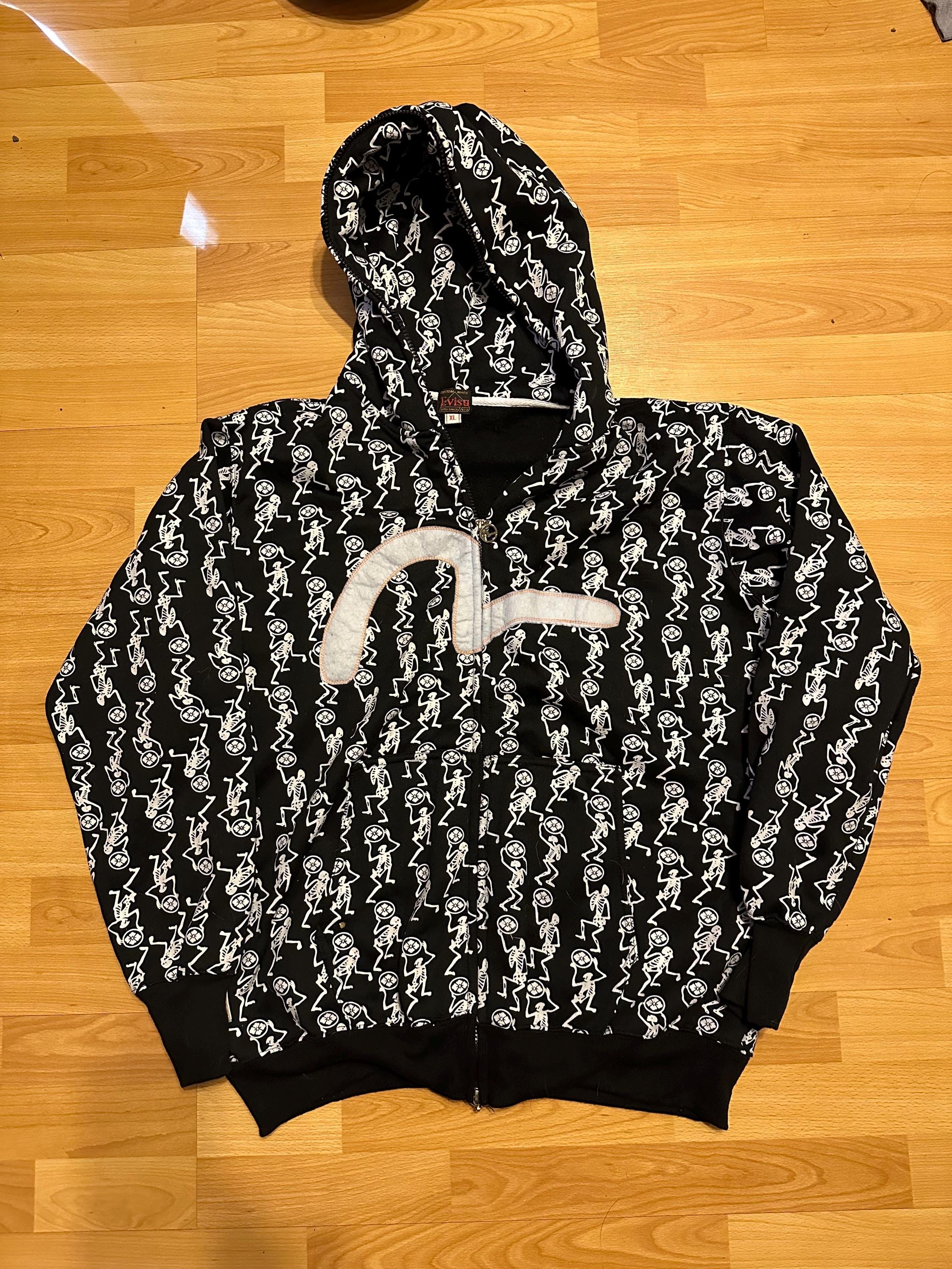 Evisu Hoodie Dancing Skeleton All Over Print Double Zipper