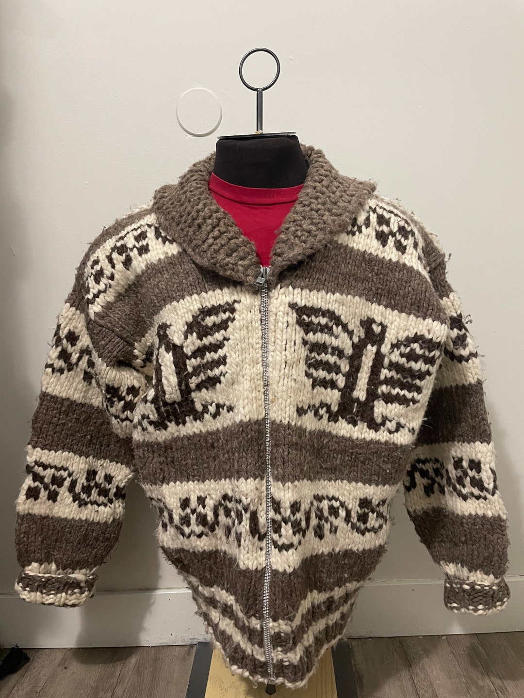 Vintage Cowichan Sweater Thunderbird Design Boho Chic Authentic Indian vintage-cowichan-sweater-thunderbird-design-boho-chic-authentic-indian