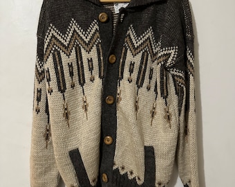 Vintage Brown Bison Wool Cardigan Sweater Hand Knit Boho Cozy Chic