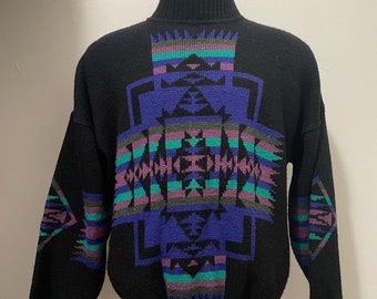 Vintage Aztec Print Design Sweater Boho Chic Southwestern 90s Knitwear