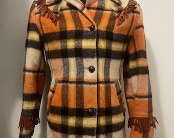 Vintage Wool Plaid Fringe Jacket w/ Leather Boho Chic