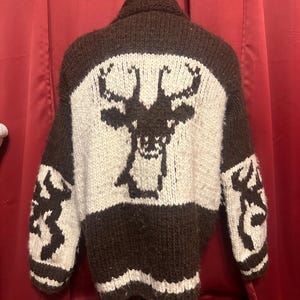 Vintage Deer And Fishing Cowichan Sweater 90’s Hunting Fishing Mary Maxim Knitwear Boho Chic Cozy Shawlneck Zip Up Chunky Knit Heavy Wool