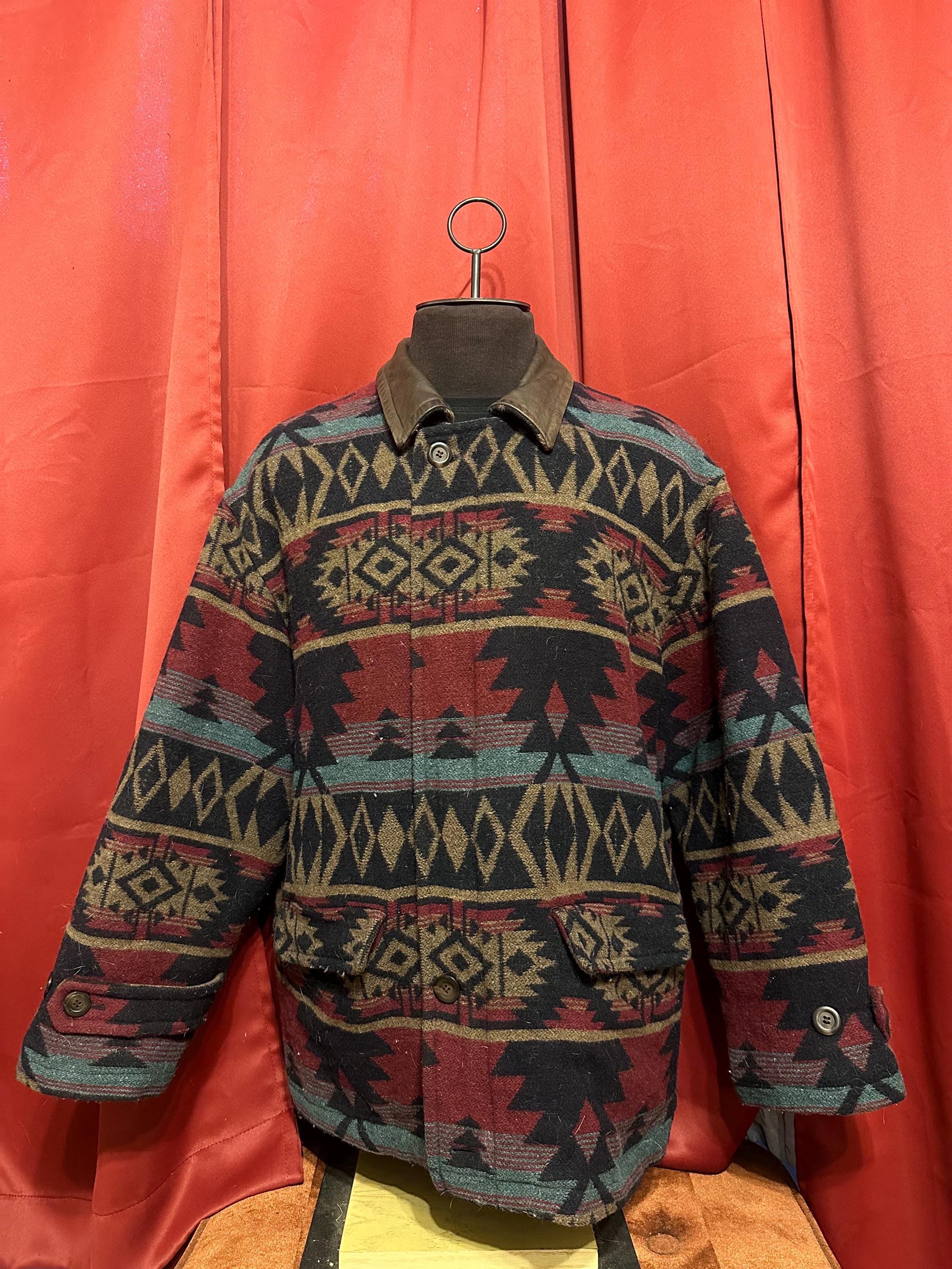ジャケット・アウター vintage 90's US wool design coat Vintage Wool Jacket Leather Collar 90's Boho Chic Aztec