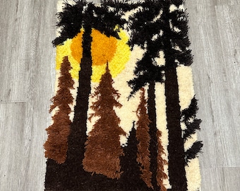 Tappeto vintage con ganci, decorazione da parete, alberi, tramonto, stile boho chic, decorazione per la casa