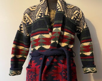 Vintage Ralph Lauren Polo Country Cardigan Southwestern Print Grail Belted Shawl