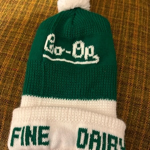 Vintage Co-Op Beanie Toque Fine Dairy Products Boho Chic 80’s K Brand Agricultural Farm Fresh Rural Collector’s Item Slouchy Hat