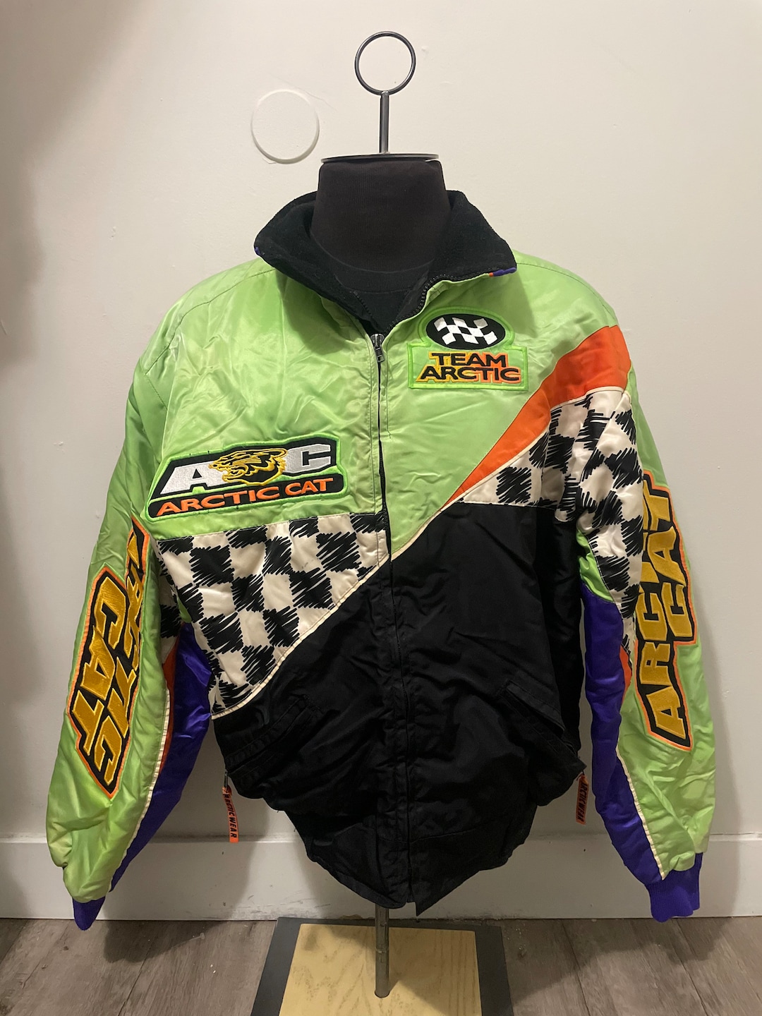 Vintage Team Arctic Cat Jacket Checkered Flag Neon 90s Snowmobile Grail
