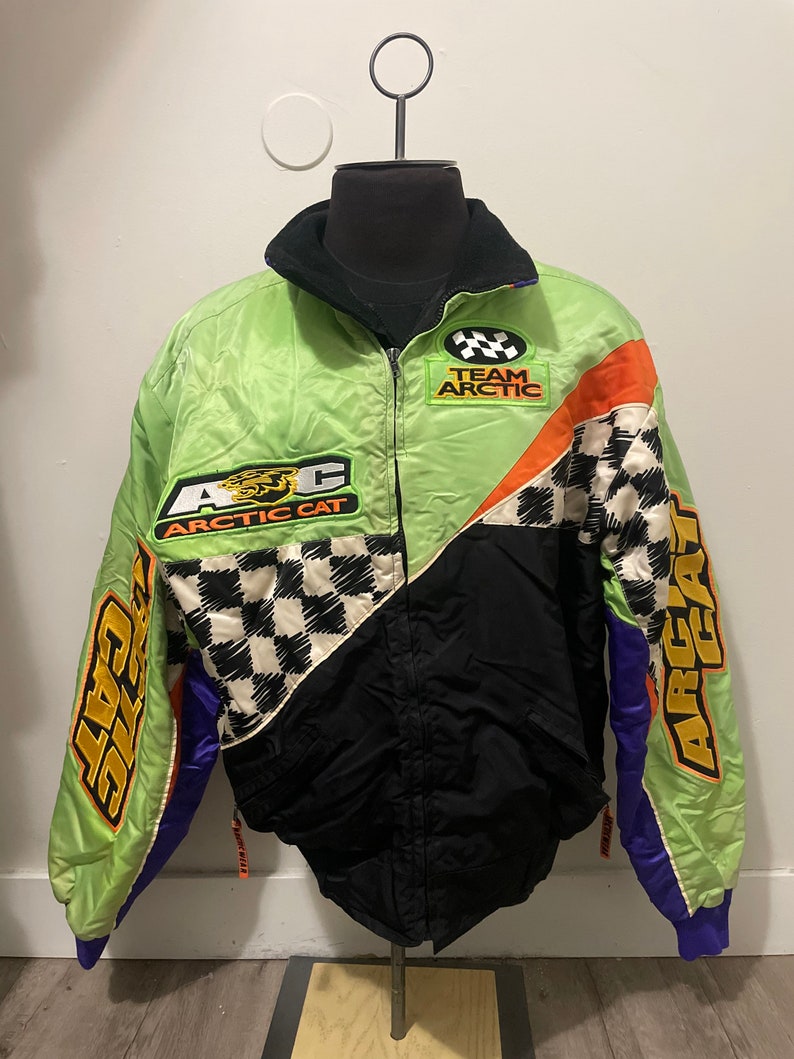 Vintage Team Arctic Cat Jacket Checkered Flag Neon 90s Snowmobile Grail