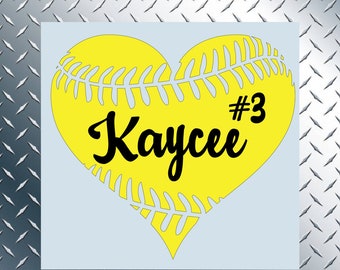 Softball Decal, Softball Heart Car Window Decal, Custom Named Softball Decal