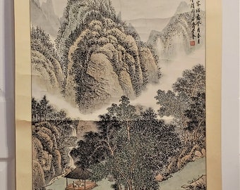 Pintura de acuarela de paisaje de montaña china antigua hermosa firmada