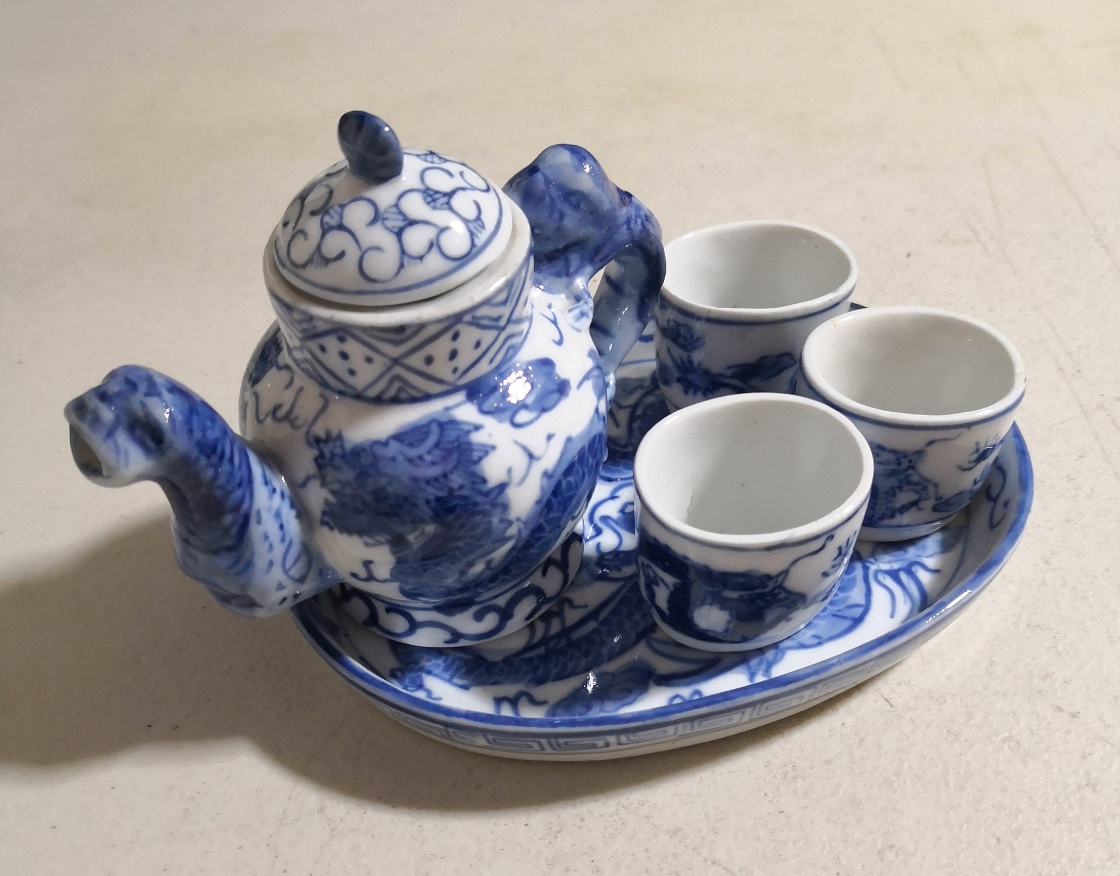 Vintage Porcelain Miniature Tea Set Blue White With Tray -- 6916