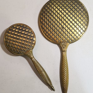 Antique Hand Mirror Vintage Brass Vanity Mirror Make up Hand Held Mirror & Comb Set Rare -- 64A