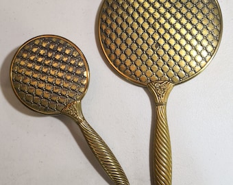 Antique Hand Mirror Vintage Brass Vanity Mirror Make up Hand Held Mirror & Comb Set Rare -- 64A