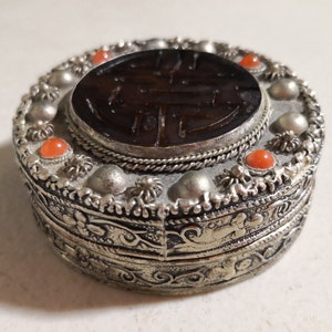 Antique Rare Small Silver Decorative Storage Multi Color Stone Mirror Box -- 6914