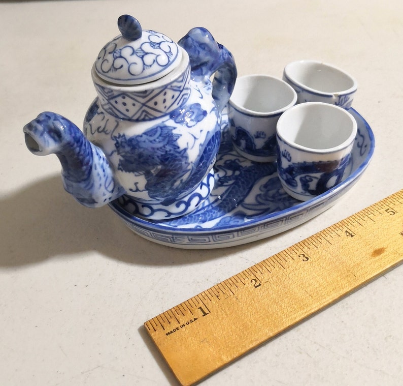 Vintage Porcelain Miniature Tea Set Blue White With Tray -- 6916 - Etsy