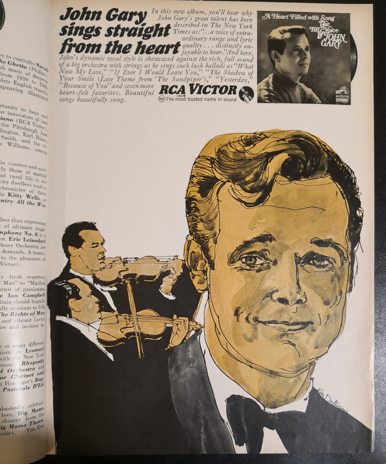 Puede incluir: Una portada de &aacute;lbum de vinilo vintage con un retrato de John Gary, un cantante, con el t&iacute;tulo del &aacute;lbum "A Heart Filled with Song" y el texto "The Big Voice of John Gary".
