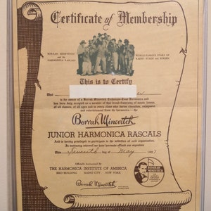1937 Junior Harmonica Rascals Certificate of membership -- 817A