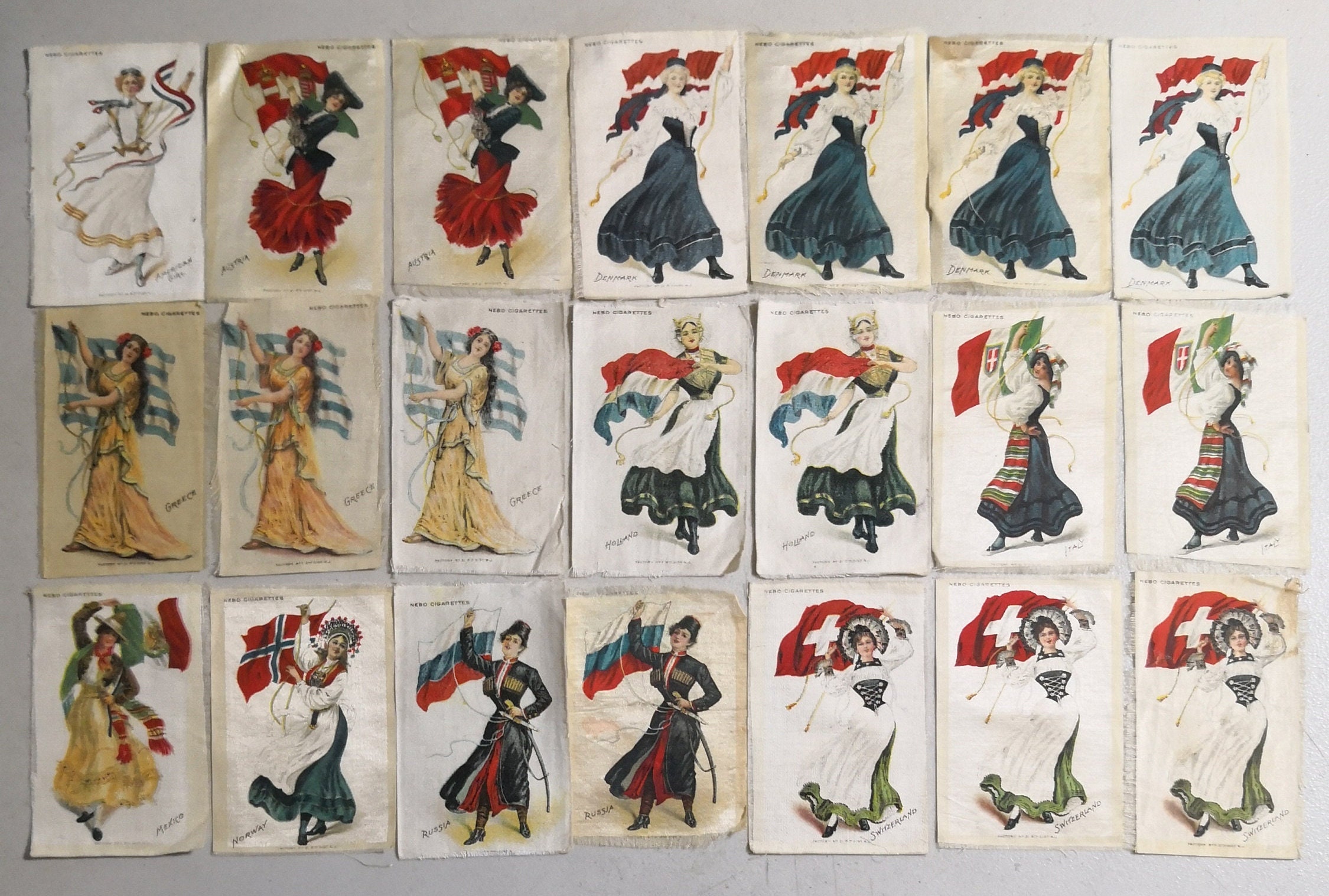 1910s NEBO Cigarettes Zira Silk International Girls Inserts Quilt Squares lot of 21 Very Rare --  6946