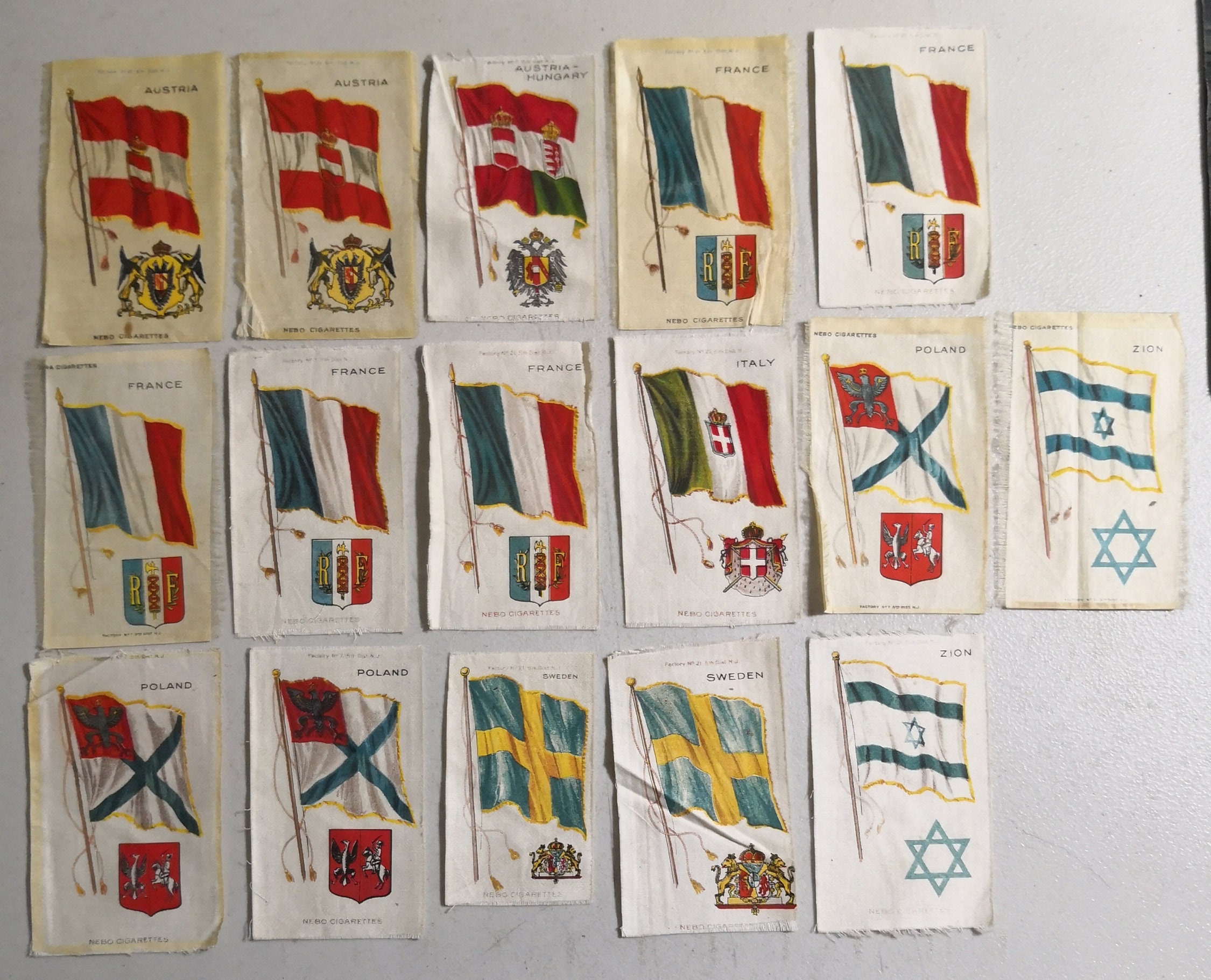 cigarette silk flags Antique Nebo Zira Silk Cigarette Tabacco Flags lot or 16 Rare -- 6945