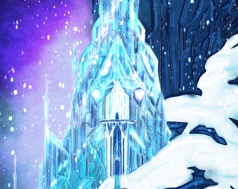 Ilustración de arte de Disney en acuarela para dormitorio infantil, palacio de hielo de Elsa, Frozen de Disney