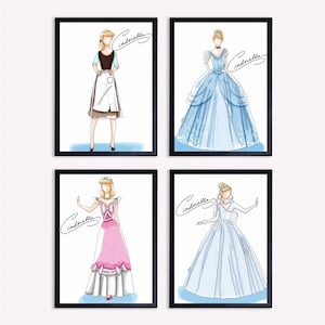 Disney Princess Inspired Dress Design Classic Princesses Cinderella Fashion Sketch Illustration Bedroom Nursery Boutique Decor Art Print