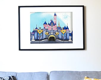 Disneyland Anaheim Sleeping Beauty&#39;s Castle Disney Art Illustration Watercolor Bedroom Nursery Decor