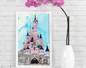 Disneyland Sleeping Beauty&#39;s Castle Disney Art Illustration Watercolor Bedroom Nursery Decor