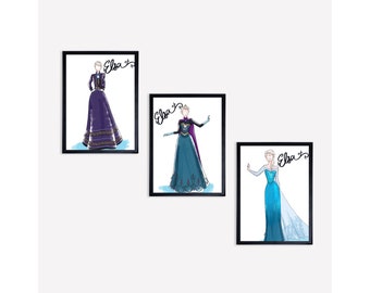 Disney Princesses Inspired Dress Design Classic Queen Elsa Fashion Sketch Illustration Bedroom Nursery Boutique Decor Art Print
