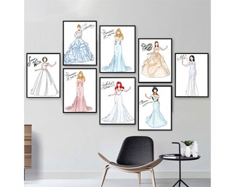 Disney Princess Inspired Wedding Dress Design Classic Disney Princesses Fashion Sketch Illustration Bedroom Nursery Boutique Decor Art Print