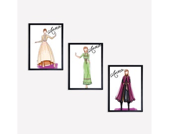 Disney Princesses Inspired Dress Design Classic Princess Anna Frozen II Fashion Sketch Illustration Bedroom Nursery Boutique Decor Art Print