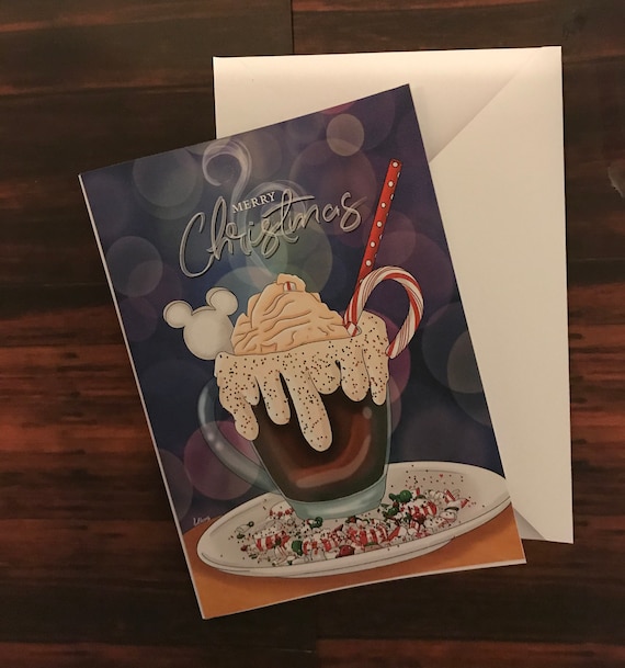 Disney Hot Chocolate Drink with Mickey Mouse Marshmallow Disneyland Treat Christmas Card