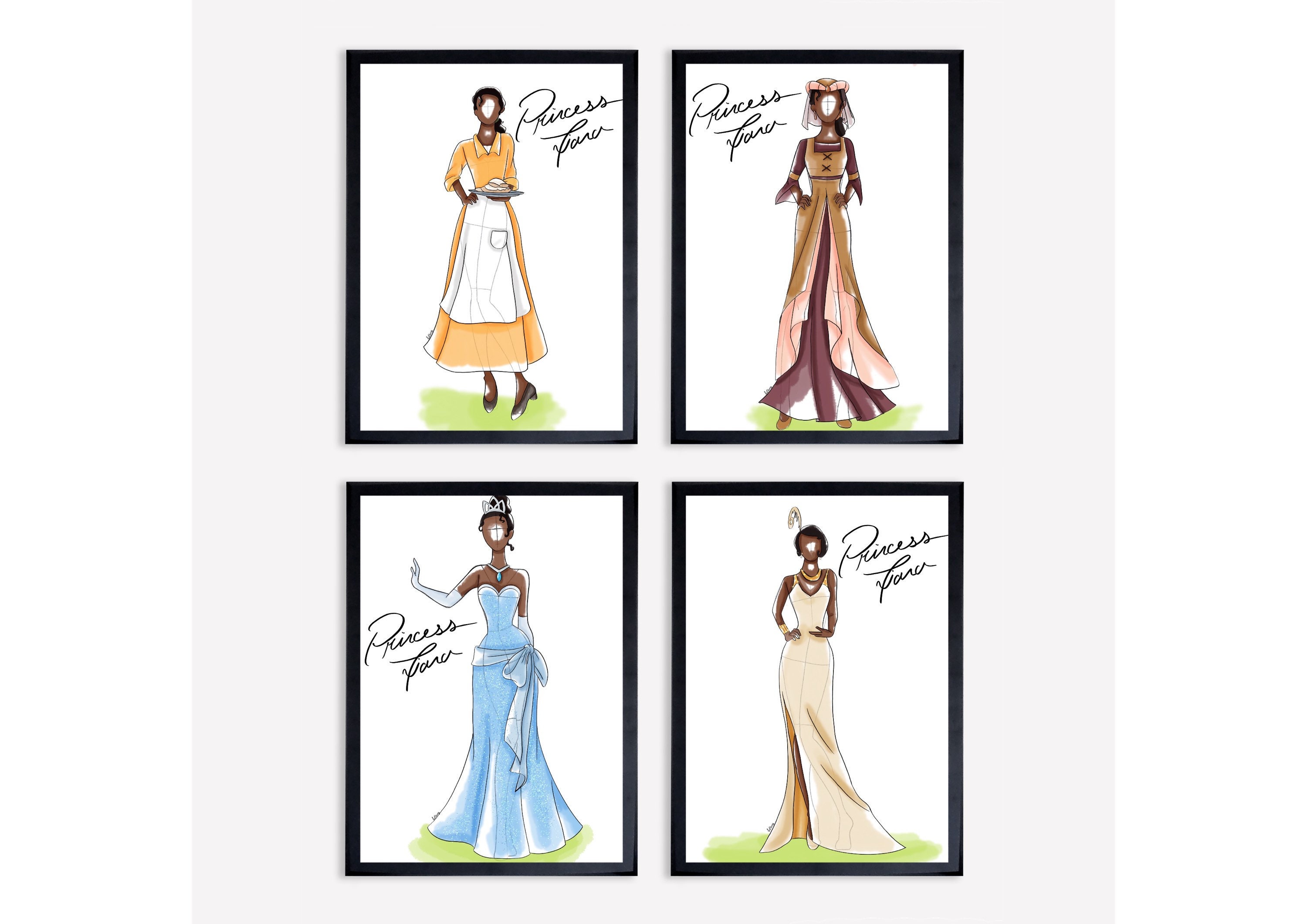 Disney Princesses Inspired Dress Design Classic Princess Tiana Fashion Sketch Illustration Bedroom Nursery Boutique Decor Art Print