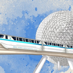 Disneyworld Epcot Center Raumschiff Erde mit Monorail Disney Kunst Illustration Aquarell Schlafzimmer Kinderzimmer Dekor