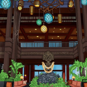 Disney Polynesian Village Resort Lobby Disney Art Illustration Watercolor Bedroom Nursery Decor