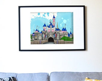 Disneyland Hong Kong Sleeping Beauty&#39;s Castle Disney Art Illustration Watercolor Bedroom Nursery Decor