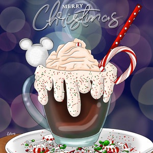 May include: A festive hot chocolate drink with whipped cream, red and green sprinkles, and a candy cane. The drink is topped with a Mickey Mouse marshmallow and a red and white striped straw. The text "Merry Christmas" is written in white cursive above the drink.