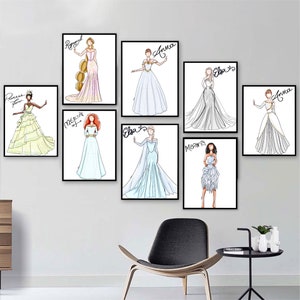 Disney Princess Inspired Wedding Dress Design Modern Disney Princesses Fashion Sketch Illustration Bedroom Nursery Boutique Decor Art Print