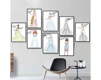 Disney Princess Inspired Wedding Dress Design Modern Disney Princesses Fashion Sketch Illustration Bedroom Nursery Boutique Decor Art Print