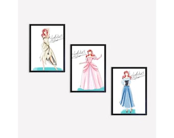 Disney Princesses Inspired Dress Design Classic Princess Ariel Fashion Sketch Illustration Bedroom Nursery Boutique Decor Art Print
