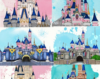 Disney Castle Bundle Set of 6 Disney Art Illustration Watercolor Bedroom Nursery Decor