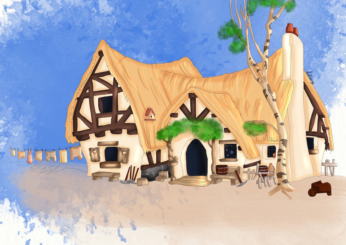 Disney Snow White and the 7 Dwarfs the Dwarfs Cottage Disney Art