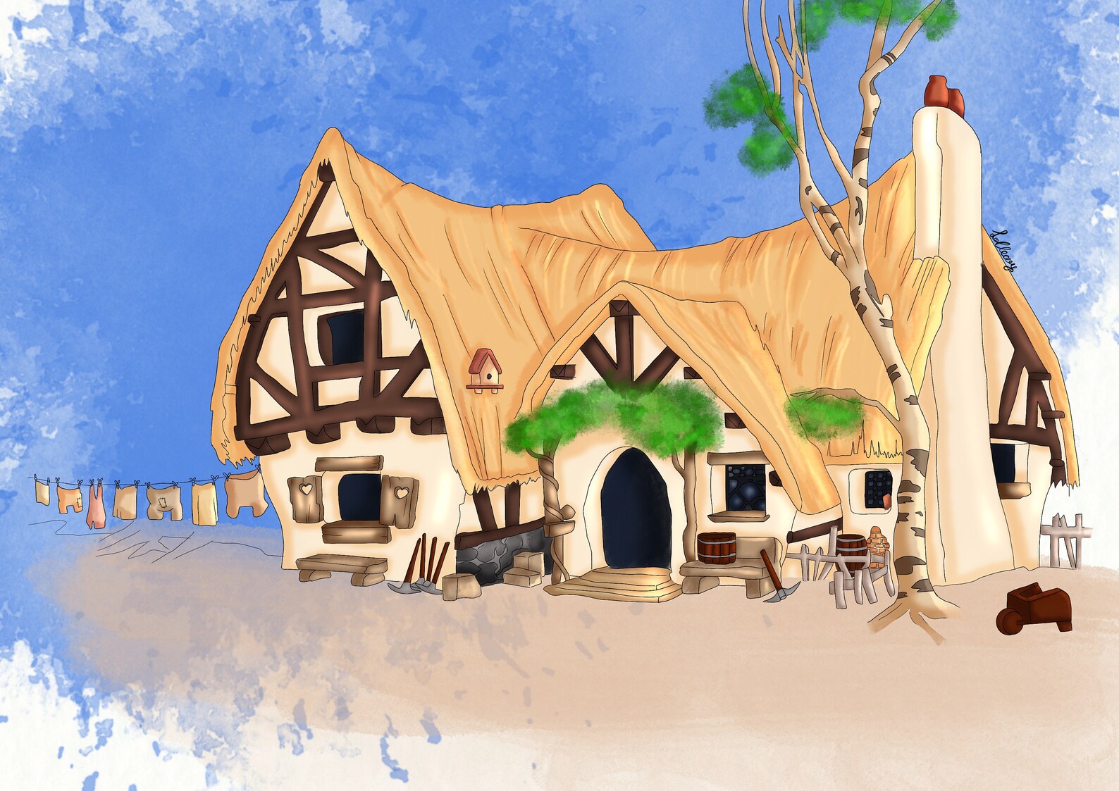 disney-snow-white-and-the-7-dwarfs-the-dwarfs-cottage-disney-art-illustration-watercolor-bedroom