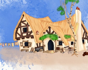 May include: A white cottage with a thatched roof, brown wooden beams, and a white chimney. The cottage has a small front porch with a wooden door and a window. There are trees and bushes around the cottage, and a blue sky in the background.