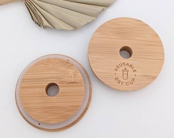 Bamboo Wide Mouth Mason Jar Lid, with Straw Hole for Bubble Tea Straw