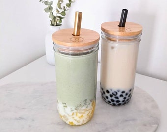 2 PACK: Reusable Bubble Tea Cup with Bamboo Lid, Bubble Tea and Smoothie Straw