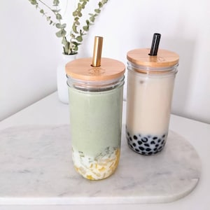 PINK Cute Glass Mason Jar Boba Cup with Bamboo Lid and Eco Straw-Buddha  Bubbles Boba Inc.