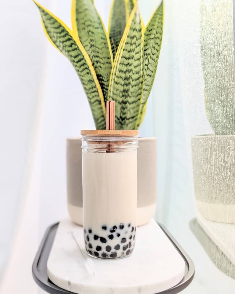 2 PACK: Reusable Bubble Tea Cup with Bamboo Lid, Bubble Tea and Smoothie Straw image 5