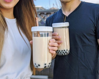 2 PACK: Reusable Bubble Tea Cups with Bevel-Cut Boba Straws and Straw Cleaning Brushes